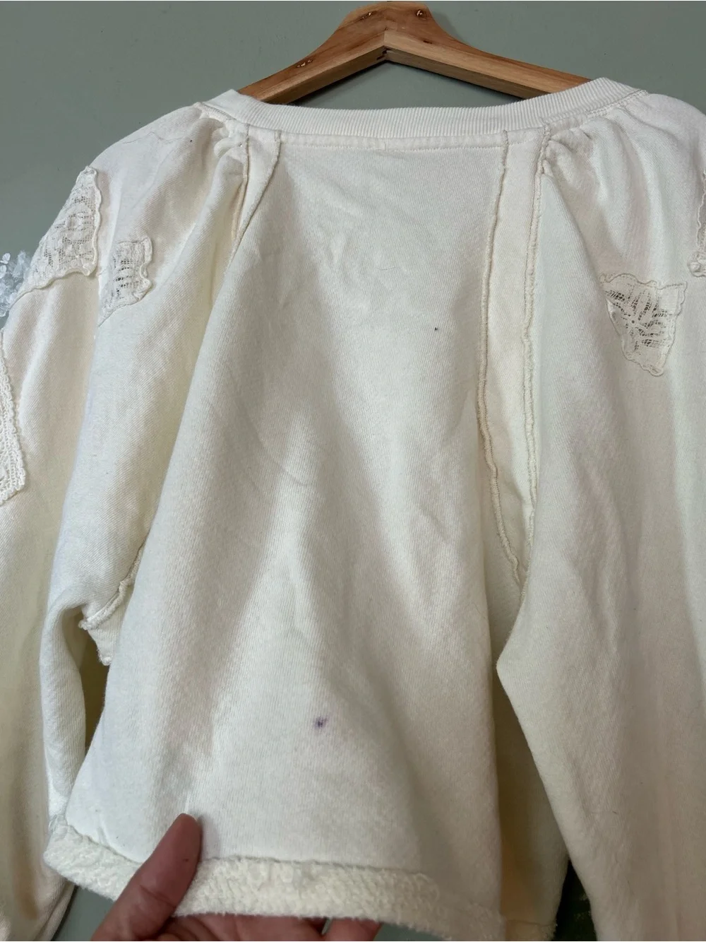Free People Cream Long-Sleeve Lace-Inset Pullover Top